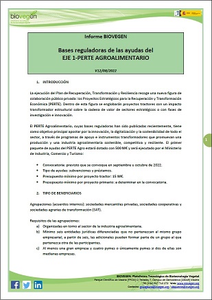 ACTUALIZACIÓN. Informe BIOVEGEN: Bases reguladoras de las ayudas del EJE 1-PERTE AGROALIMENTARIO