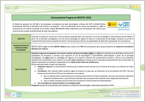 Informe BIOVEGEN. Convocatoria Programa NEOTEC 2023